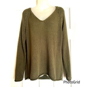 H&M Olive V-Neck Open Weave Oversized Sweater
